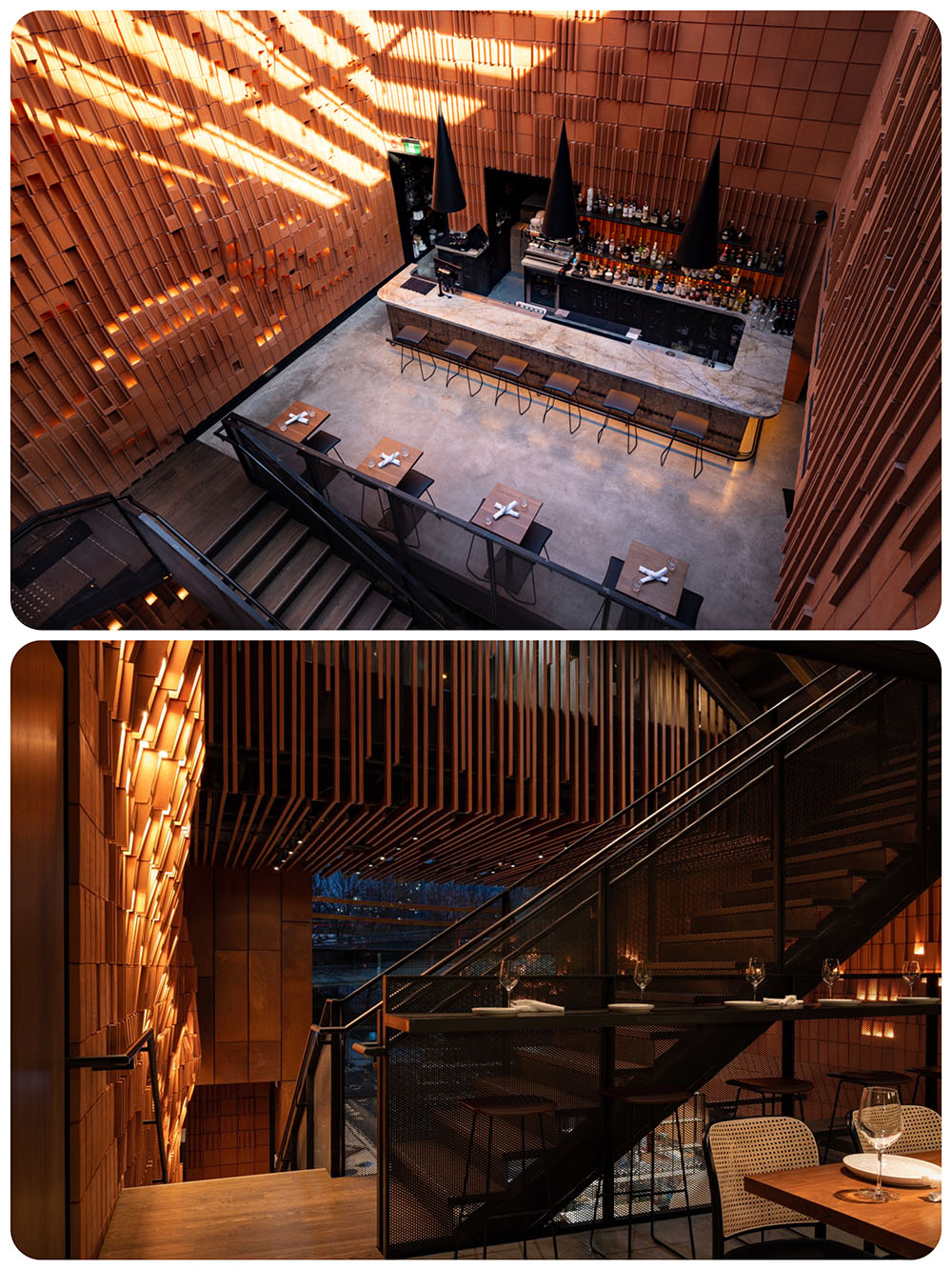 光影婆娑的陶土砖墙面